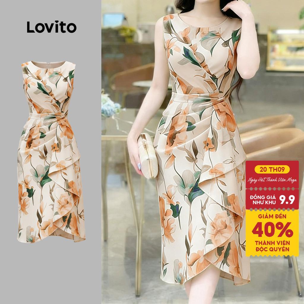 Lovito Đầm nữ mùa xuân/hè không đối xứng hoa bèo nhún phong cách thường ngày L196ED941