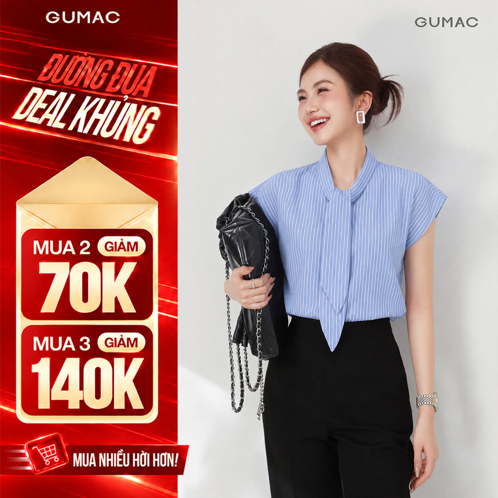 [VOUCHER 70K] Áo Sơ Mi Nữ GUMAC Form Suông Không Tay Cổ Bẻ Dây Nơ Phía Trước Thời Trang Thanh Lịch Tôn Dáng LAG09065