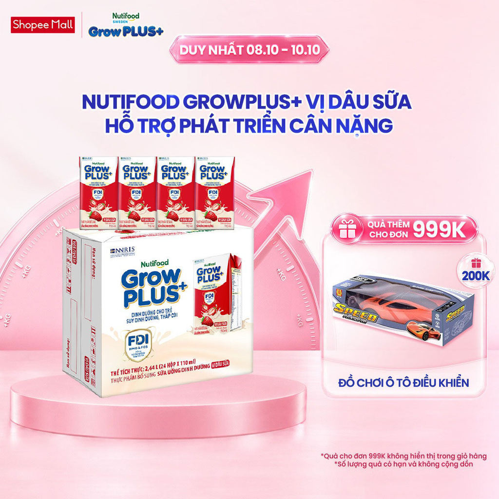 Thùng 24 hộp Sữa bột pha sẵn Nutifood GrowPLUS+ Vị Dâu hộp 110ml - Trên 1 tuổi (24 hộp x 110ml)