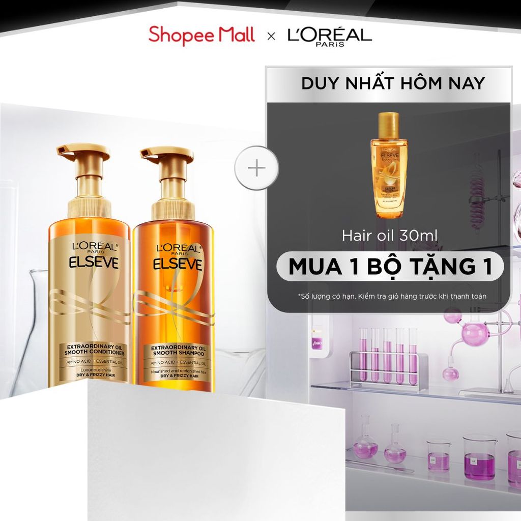 Bộ gội xả dưỡng tóc suôn mượt cao cấp L'Oreal Paris Extraordinary Oil Smooth 440ml x2