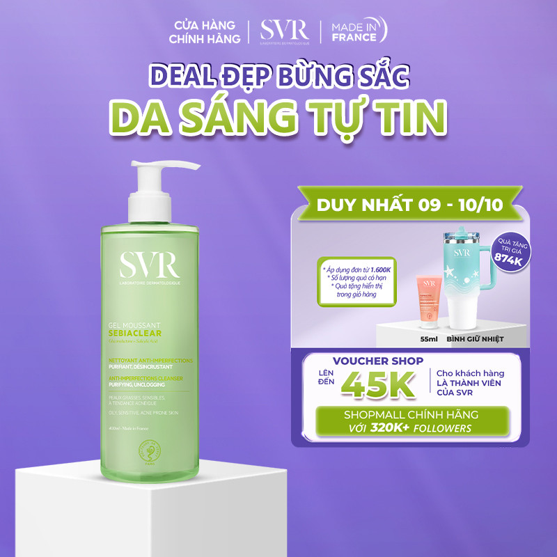 [ĐƠN 1TR6 TẶNG QUÀ] Gel rửa mặt cho da dầu mụn, không chứa xà phòng SVR Sebiaclear Gel Moussant 400ML
