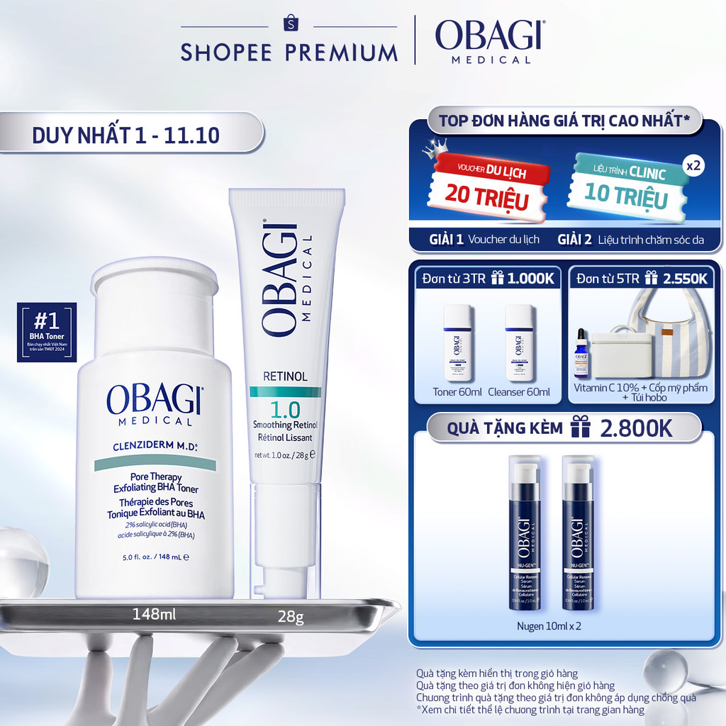 Bộ đôi dưỡng da Toner BHA Giảm Mụn Obagi Clenziderm M.D 148ml và Kem Dưỡng Đêm Obagi Retinol 1.0 (28g)
