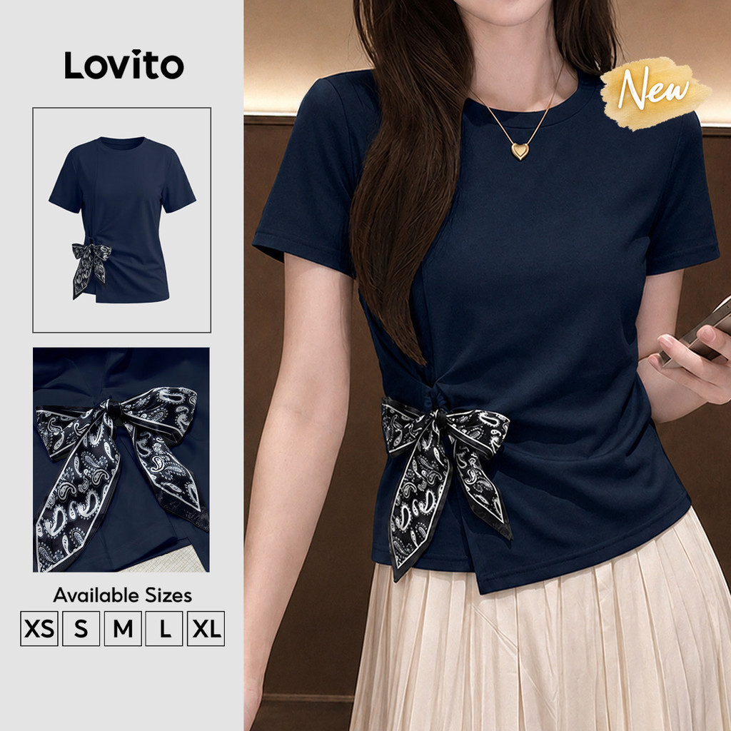 (New Arrival) Lovito Áo Thun nữ màu Xanh dương đậm Thanh lịch Tay ngắn cổ tròn buộc dây mặc đi làm mùa xuân hè TSK10P1D832