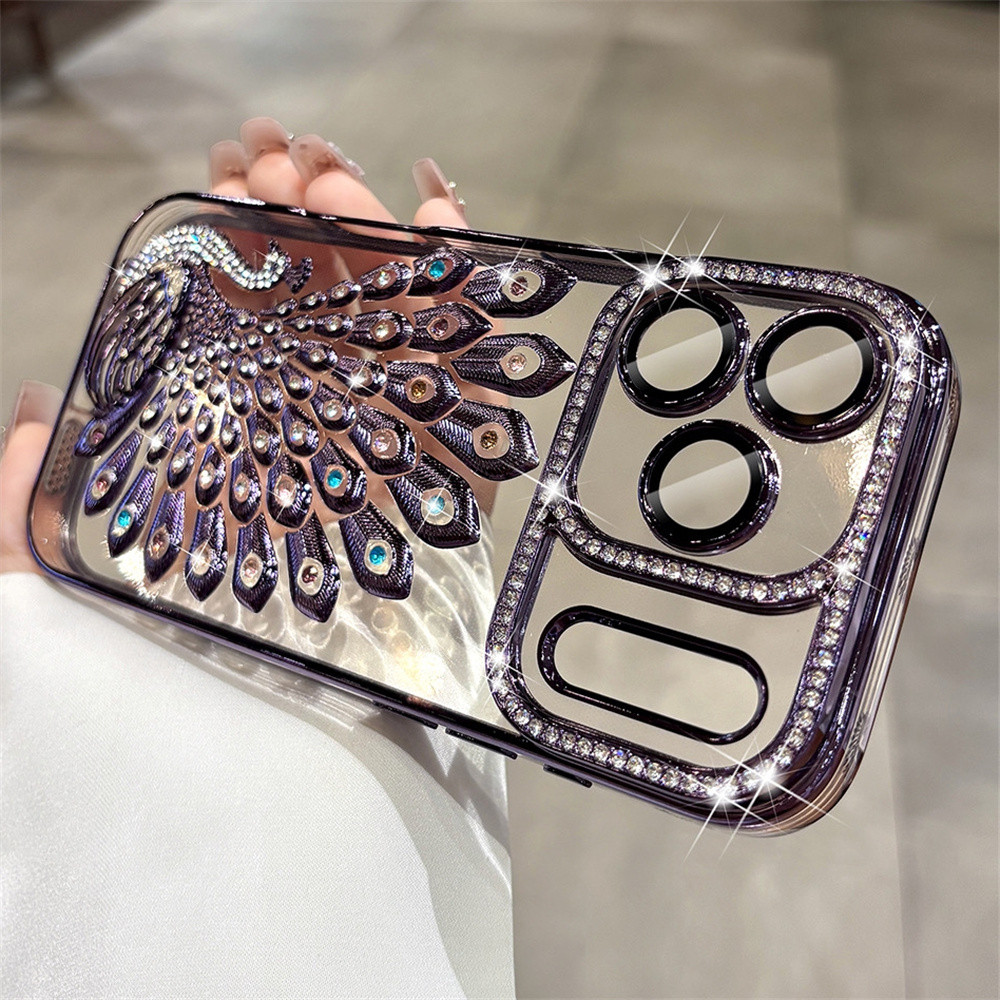 Ốp điện thoại hình con công Flash Diamond 3D cho iPhone 17 Pro Max 16 13 14 15 Pro Max Air 15 16 plus Phim bảo vệ gương chống rơi Vỏ mềm TPU vỏ bảo vệ điện thoại