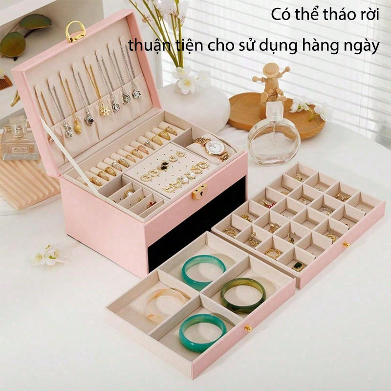 [ Kèm khóa] Hộp đựng trang sức 3 tầng, bọc da vân nổi, đa ngăn, hộp đựng nữ trang