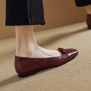 Giày Cao Gót Đế Bằng Nữ Mũi Vuông Miệng Nông Slip-On Nơ