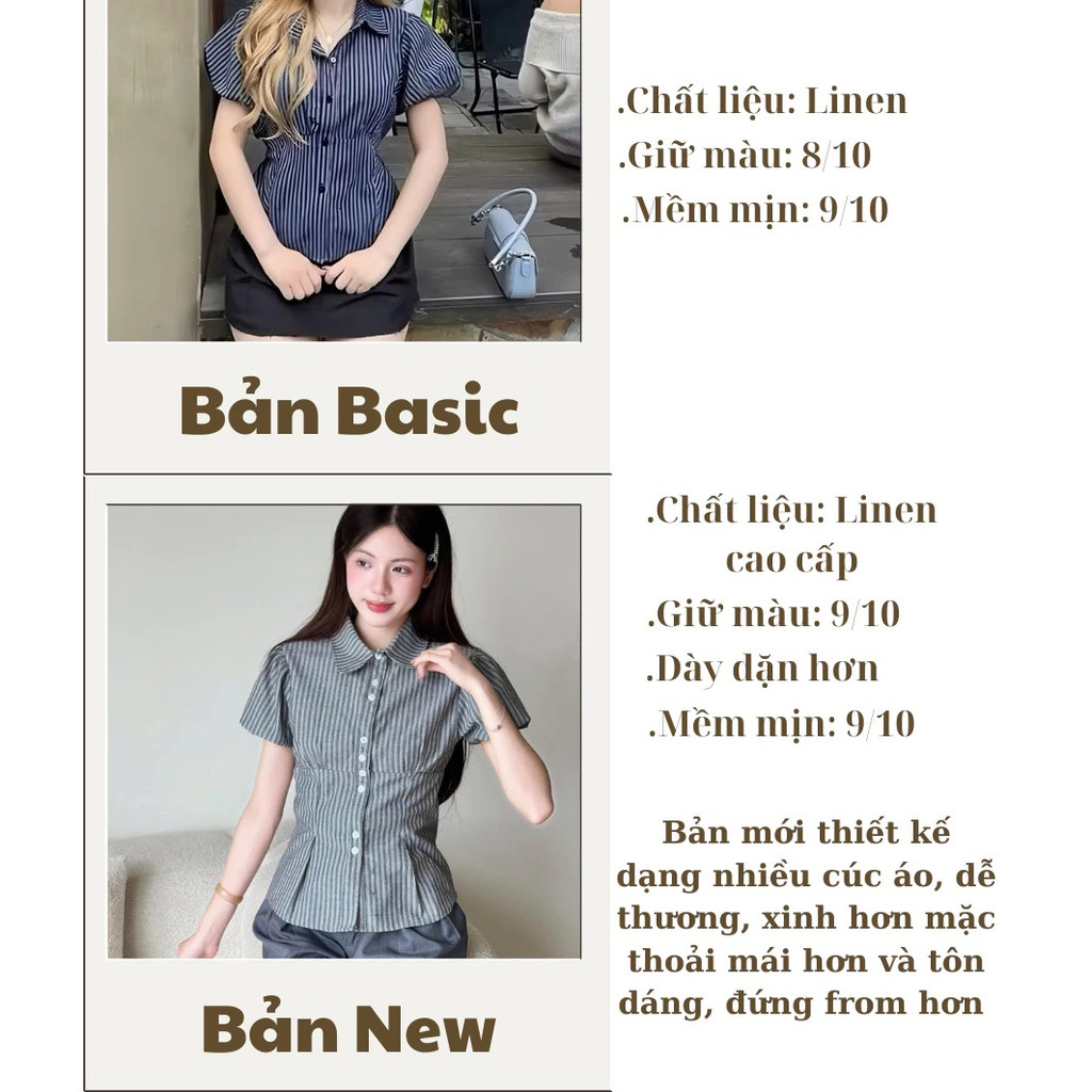Áo Sơ Mi Kẻ Tay Bồng - Áo Kiểu Babydoll Kẻ Chiết Eo Phối Dây Buộc Eo Xinh Xắn_A532,A604