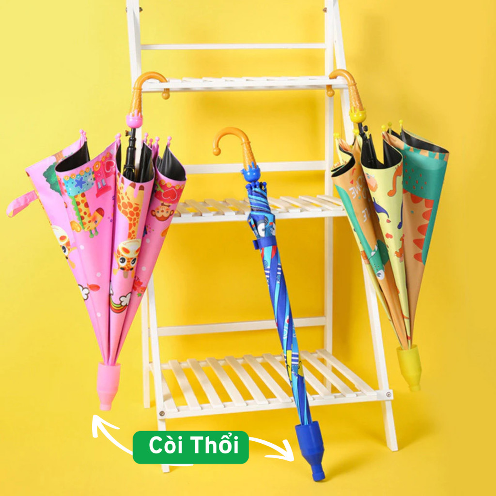 Ô Trẻ Em Kèm Còi Hoạt Hình Dễ Thương, Ô Dù Cán Dài Cho Bé Mẫu Chất Liệu Vài Dù Chống Tia UV, Chống Thấm Nước