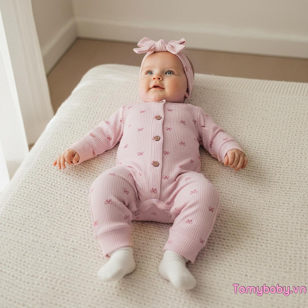 Bộ áo liền quần mùa thu cho bé gái Áo liền quần dài tay cổ tròn dài đầy đủ + Băng đô nơ