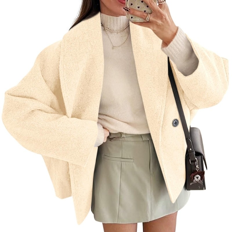 Exhila Nữ Crop Pea Coat Quá Khổ Len Pha Trộn Crop Ve Áo Đôi Áo
