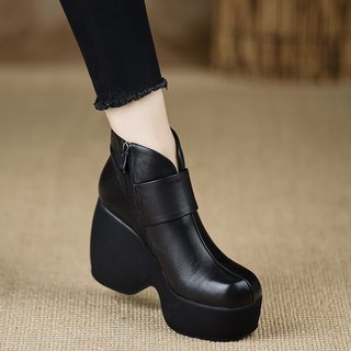 Giày Bốt Ngắn Nữ Ngón Tròn Dày Gót Chống Thấm Nước Nền Tảng Velcro Bên Dây Kéo Thời Trang