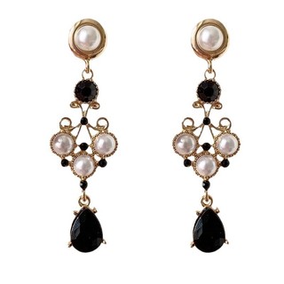 Bông tai bạc 925 thiết kế mandala, retro baroque với ngọc trai và giọt nước đen kim cương cao cấp