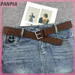 PNPIA - Thắt lưng da lộn nữ vintage thời trang, hợp kim vàng thanh lịch
