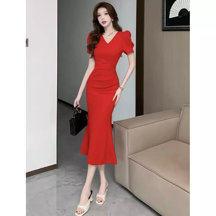 Đầm đỏ dài công sở trẻ trung nữ đầm dạo phố công sở thanh lịch váy liền basic suông công sở phong cách thanh lịch