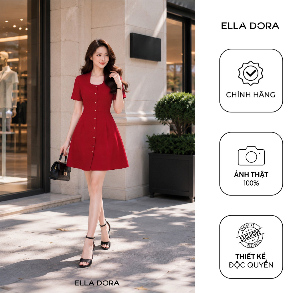 Đầm mini nữ ELLA DORA cổ vuông tay ngắn phối cúc đồng thanh lịch công sở dễ mặc 2 màu ĐỎ/KEM [D312]