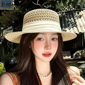 Mũ Rơm JVSUB, Mũ Chống Nắng Mùa Hè Vành Rộng Có Thể Điều Chỉnh, Chống Tia UV Thường Ngày Thoáng Khí Thanh Lịch Mũ Phẳng Cho Nữ