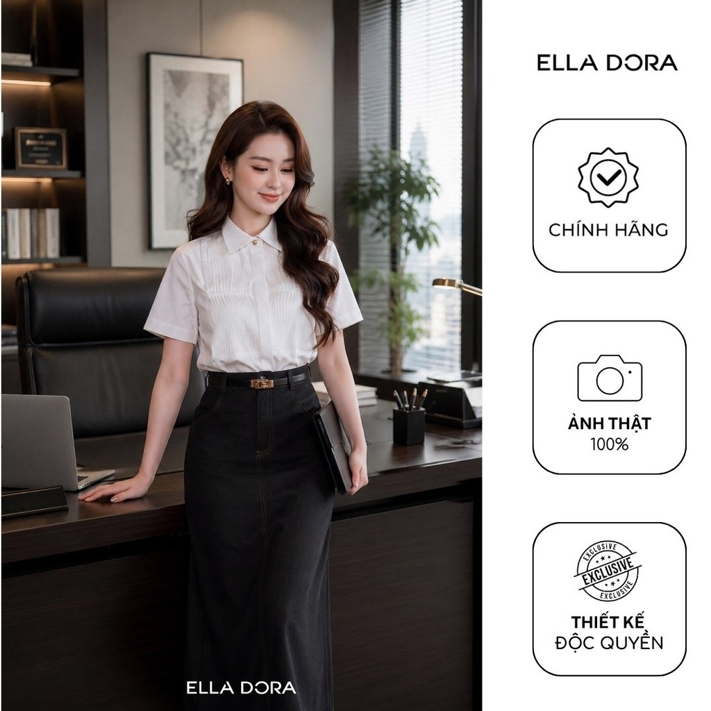 Áo sơ mi trắng nữ ELLA DORA ngắn tay thiết kế ly hợp cúc giấu form gọn thanh lịch công sở [SM170]