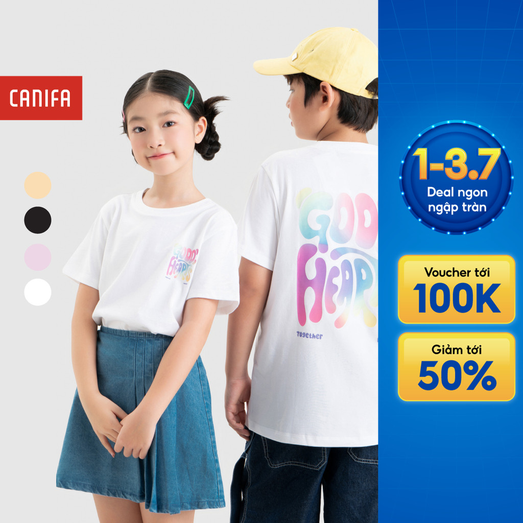 Áo phông unisex trẻ em CANIFA áo thun cộc tay basic dáng rộng in hình 3TS26S008