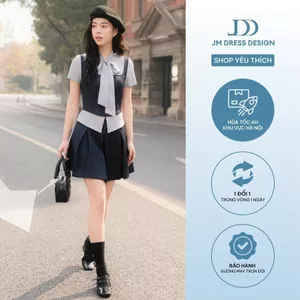 Set Áo kiểu 2 hàng cúc phối sơ mi cổ nơ 2T11.2601, Chân váy ngắn xếp ly chụm 4S06.2601, Set Đồ Vibe Preppy Vintage By JM