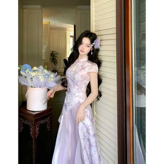 Sườn Xám cao cấp Phong Cách Trung Hoa Mới Cải Tiến,Váy Sườn Xám In Họa Tiết Thanh Lịch Cho Nữ mùa Hè