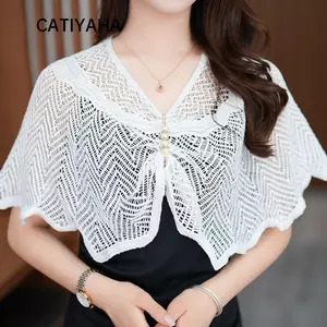 Khăn choàng vải tuyn CATIYAHA, Khăn choàng dệt kim ngắn nhiều màu, Áo khoác ren mỏng thoáng khí cho nữ
