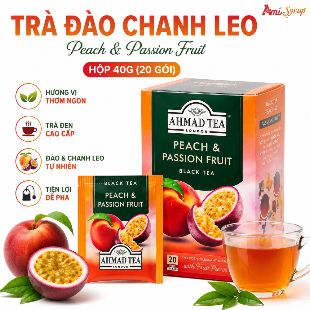 Trà Đào Chanh Leo Ahmad Peach & Passion Fruit Hộp 40g (20 túi x2g), Hương Trái Cây Nhiệt Đới Thơm Dịu