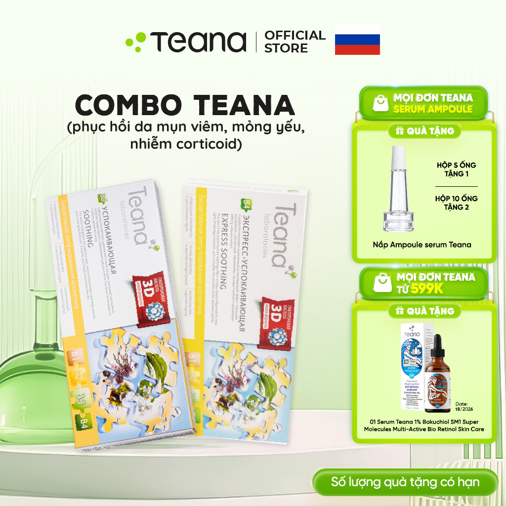 Combo tinh chất phục hồi da mỏng yếu, nhiễm corticoid Teana B3 Soothing 20ml & B4 Express-Soothing 20ml