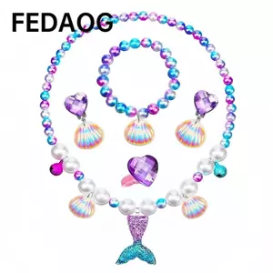 FEDAOG Vòng Cổ Tay Dây Xích Nhẫn, Phong Cách Ngọt Ngào Đính Hạt Mặt Dây Chuyền Vòng Cổ Vòng Tay Bộ Bông Tai, Xu Hướng Vỏ Biển Đính Hạt Công Chúa Trang Sức Bộ Trang Phục
