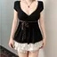 |MỞ BÁN TC| Áo cổ V ren tay ngắn cổ chữ V phối nơ hoạ tiết chấm bi y2k - - Hieuvy Botique
