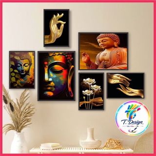 Sét 6 tranh decor góc thiền, tu tập, chữa lành, hoa sen phật, tranh dán tường, có sẵn keo