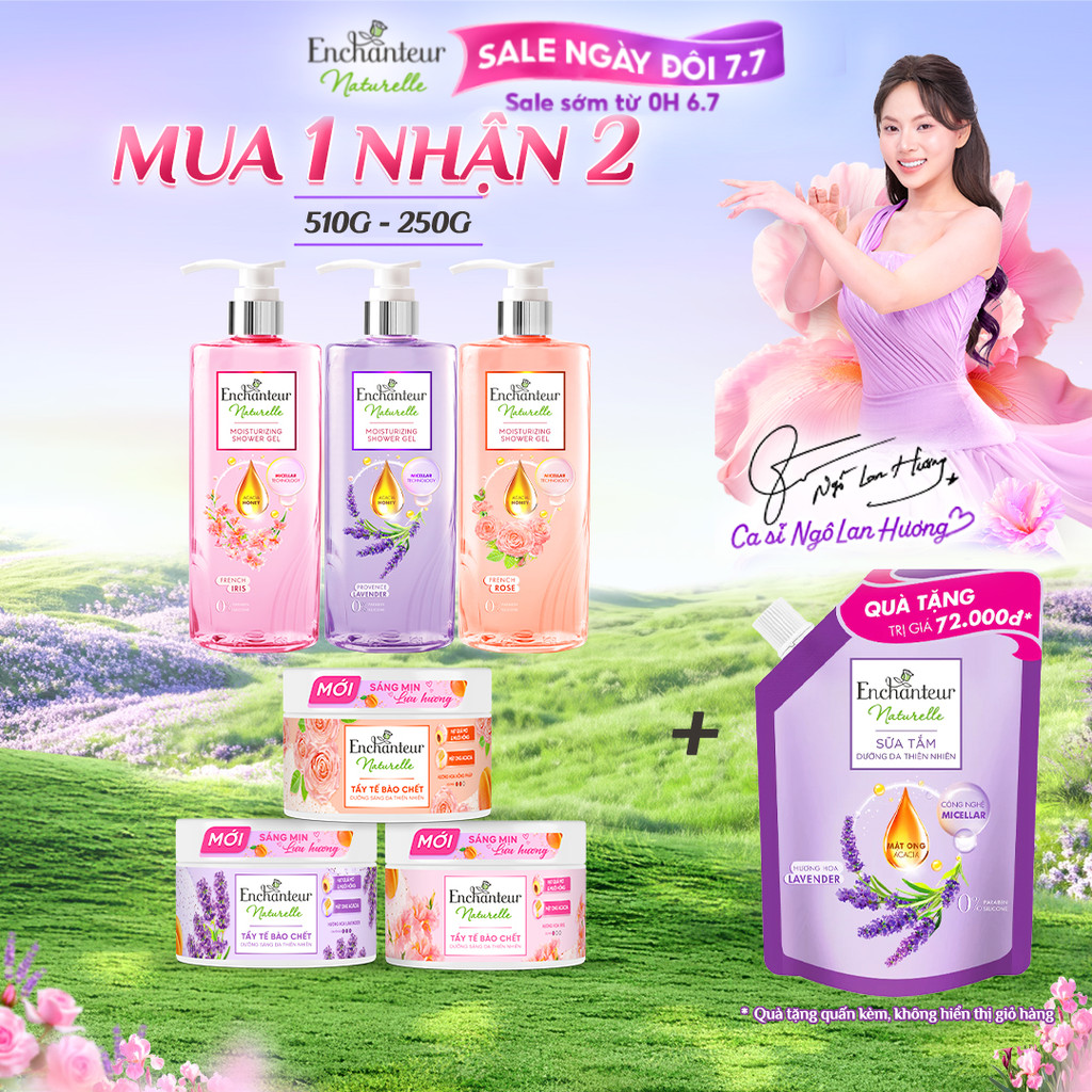 Sữa tắm dưỡng da thiên nhiên Pháp Enchanteur Naturelle hương hoa Lavender/Iris/ Rose 510g
