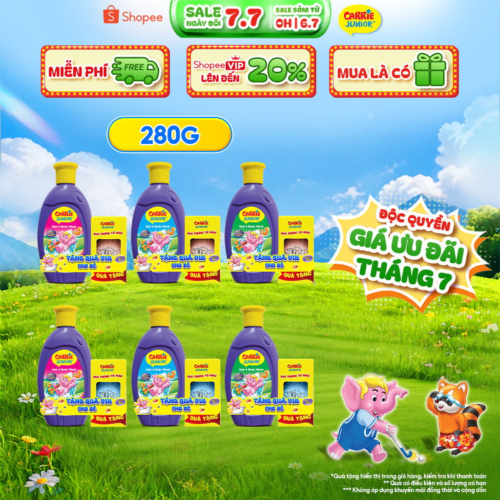 [TẶNG Trứng tô màu] Chai Sữa Tắm Gội cho bé Carrie Junior hương trái cây thiên nhiên 280g (Tặng ngẫu nhiên)