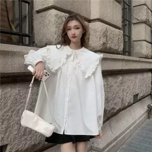 Áo sơ mi dài tay cổ búp bê cỡ lớn mùa xuân có viền nấm Thiết kế thích hợp rộng che thịt 150kg Fat mm Áo sơ mi phù hợp hàng đầu dành cho nữ