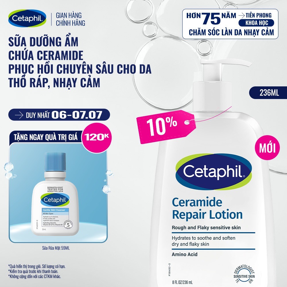 Sữa dưỡng ẩm phục hồi chuyên sâu cho da khô ráp, bong tróc, nhạy cảm Cetaphil Ceramide Repair Lotion 236ml