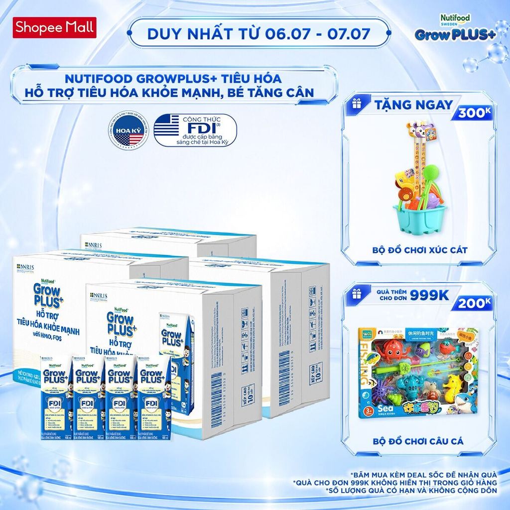 Combo 4 Thùng 24 hộp Sữa bột pha sẵn Nutifood Sweden GrowPLUS+ Tiêu Hóa (Xanh Nhạt) 1+ - Tiêu hóa khỏe, tăng cân 180ml