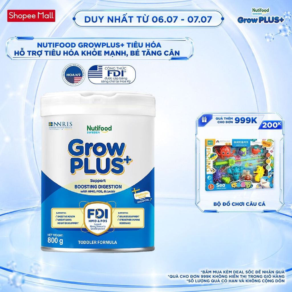 Sữa bột Nutifood Sweden GrowPLUS+ Tiêu Hóa (Xanh Nhạt) 1+ - Tiêu hóa khỏe, tăng cân (Lon 800g)