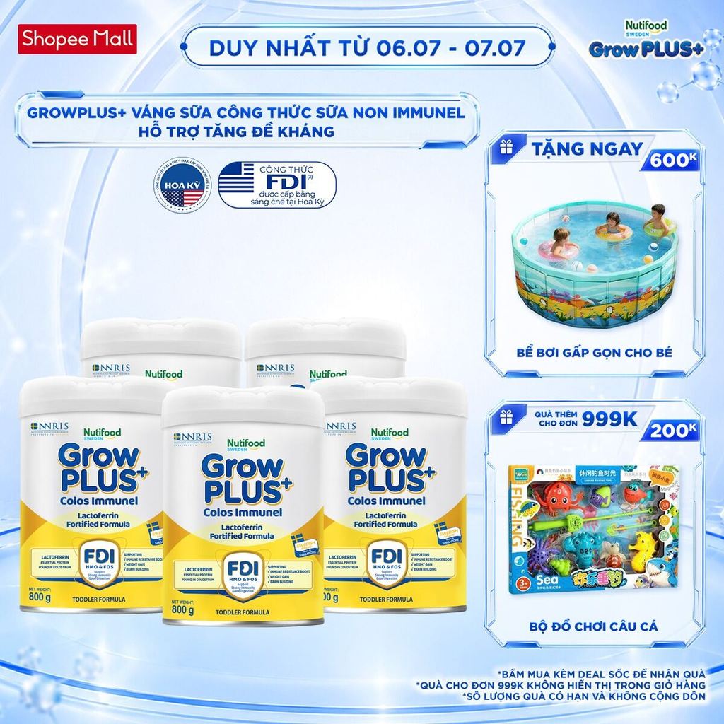 Combo 5 Sữa Bột Nutifood Sweden GrowPLUS+ Sữa Non Immunel lon 800g (Bao bì tuỳ lô hàng)