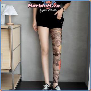 Quần tất nylon nữ với họa tiết hoa mẫu đơn và hình xăm giả, thiết kế legging lưới thời trang