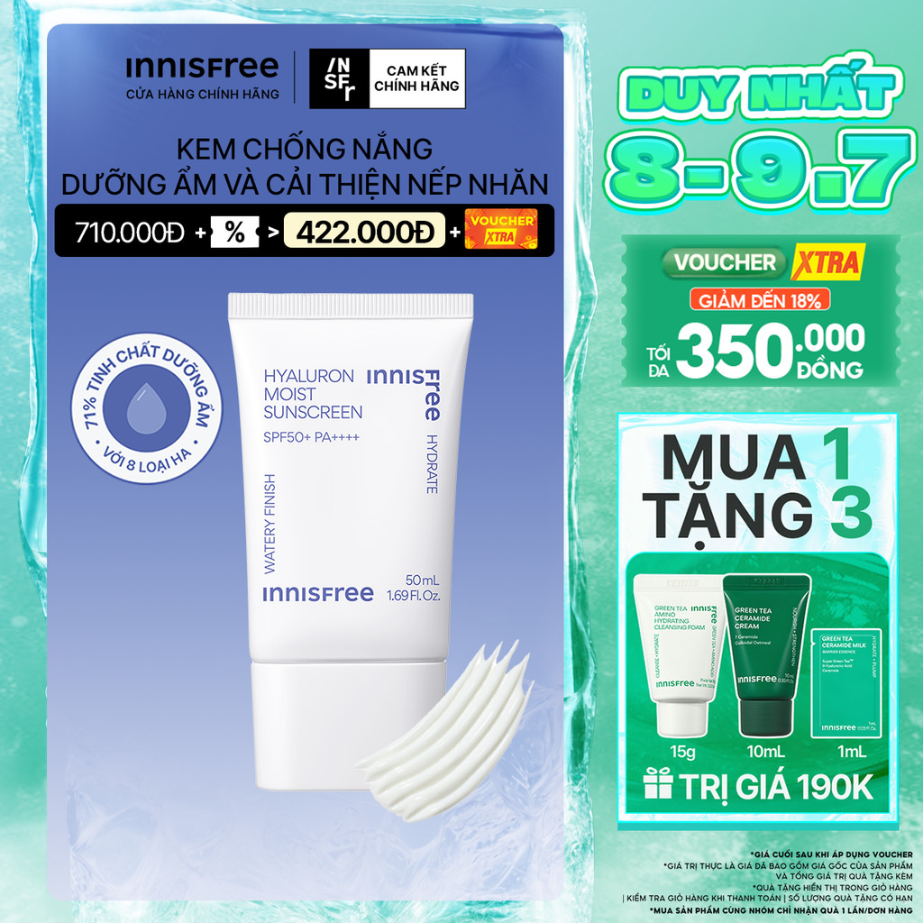 Kem chống nắng dưỡng ẩm & cải thiện nếp nhăn innisfree Hyaluron Moist Sunscreen Essence Texture SPF50+ PA++++ 50 mL