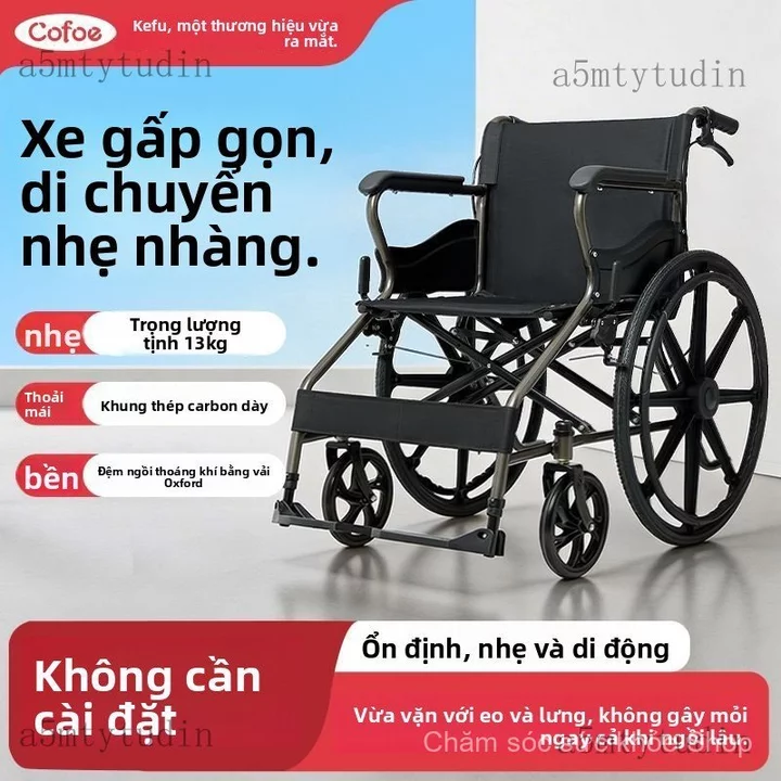 Xe lăn Xe lăn tay cho người già, có thể gấp gọn, nhẹ, xe lăn đẩy tay nhỏ, thiết bị hỗ trợ di chuyển nhỏ gọn cho người ca