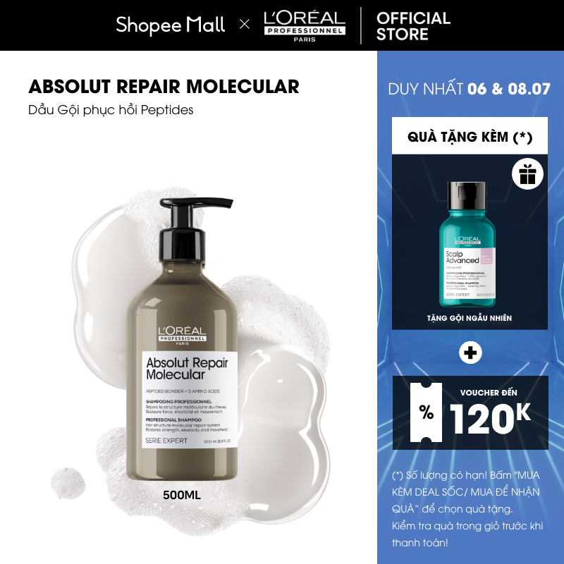 Dầu Gội phục hồi Peptides chuyên nghiệp cho tóc hư tổn L'Oréal Professionnel Absolut Repair Molecular 500ml