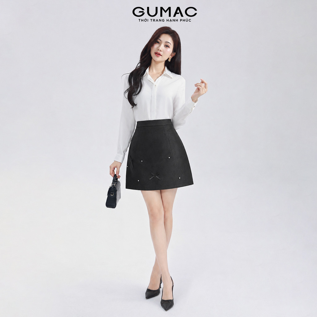 Chân Váy Nữ GUMAC Form Chữ A Cơ Bản Chất Taffeta Đính Hạt Phối Nơ Có Lót Quần Sang Trọng LVG05047