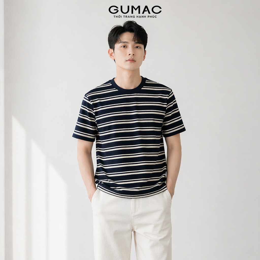 Áo Thun Nam Cổ Tròn GUMAC Form Suông Tay Ngắn Phối Kẻ Sọc Chất Thun Mềm Mát Dễ Phối ATNF03024