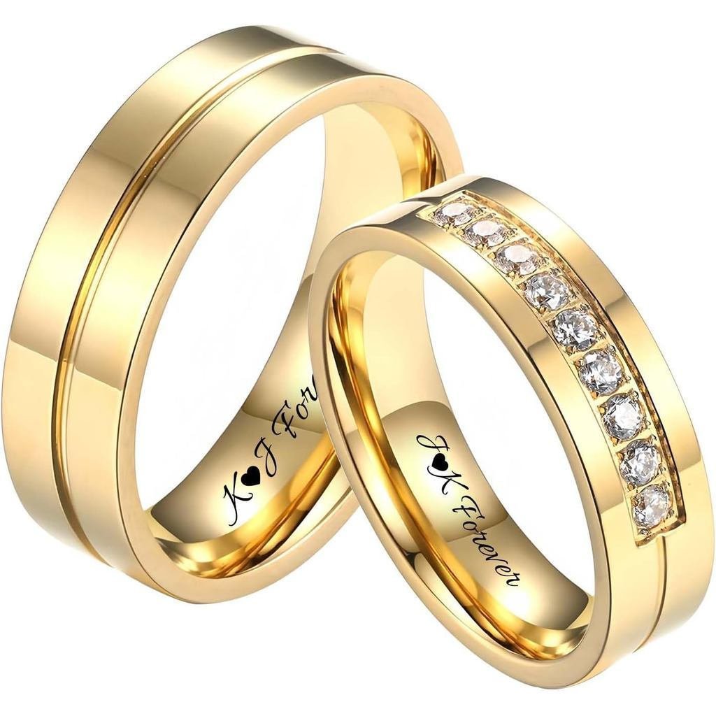 2 Chiếc Nhẫn Đính Hôn Cặp Đôi Tùy Chỉnh, Nam Nữ Với Nhẫn Cưới Kim Cương CZ, Nhẫn Tên Khắc VA0B
