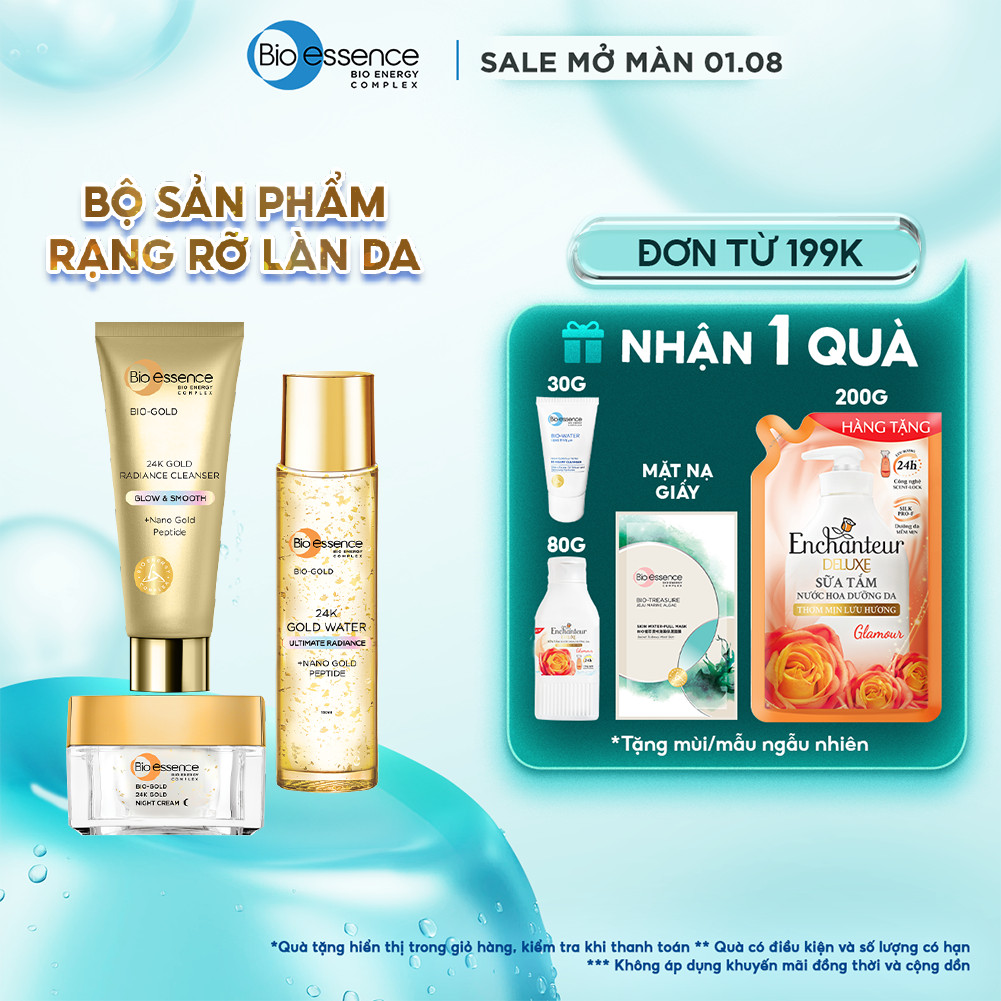 Bộ Bio-essence Bio-essence Gold – Tinh chất vàng 24k: Nước dưỡng 150ml, Sữa rửa mặt 100g, Kem Dưỡng Da Ngày/ Đêm 40g