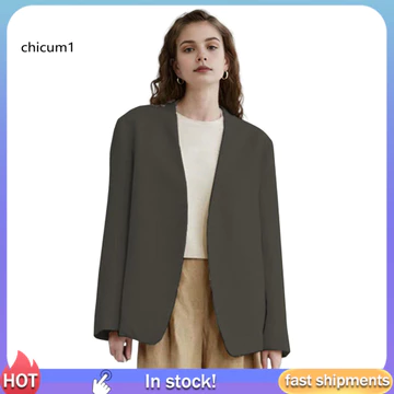 Chicu| Nhẹ Phù Hợp Với Áo Khoác Nữ Phù Hợp Với Áo Khoác Nữ Áo Blazer Không Cổ Tay Dài Mở Phía Trước Phù Hợp Với Áo Màu Trơn Rời Kinh Doanh Cardigan Văn Phòng Cho Nữ