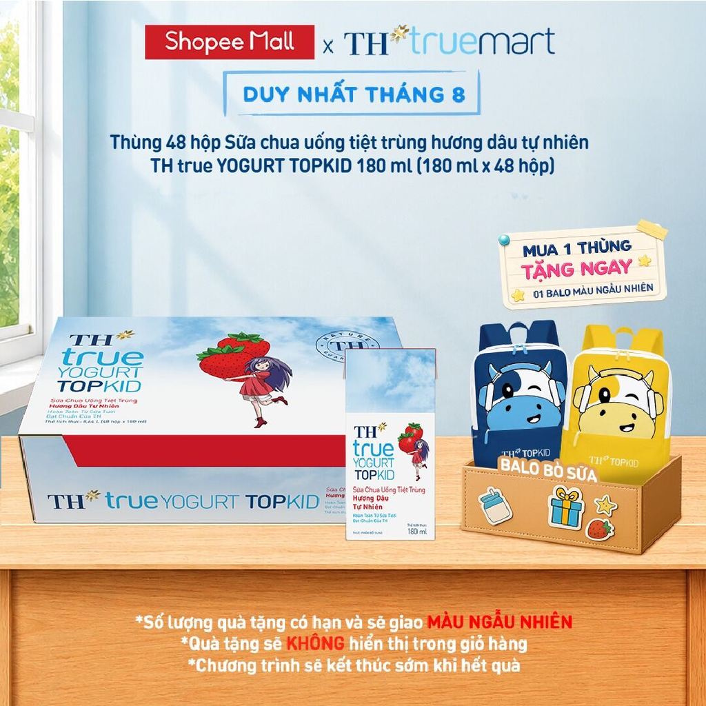 Thùng Sữa Chua Uống Tiệt Trùng TH true YOGURT TOPKID milk Hương Dâu Tự Nhiên 180ml (48 Hộp)