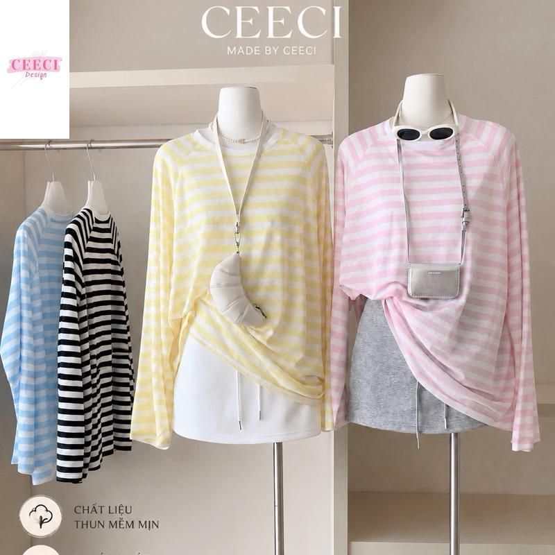 Áo Thun Tay Dài Nữ CEECI kẻ sọc form rộng, vải cotton GIẤY, size S-M-L-XL - Nữ