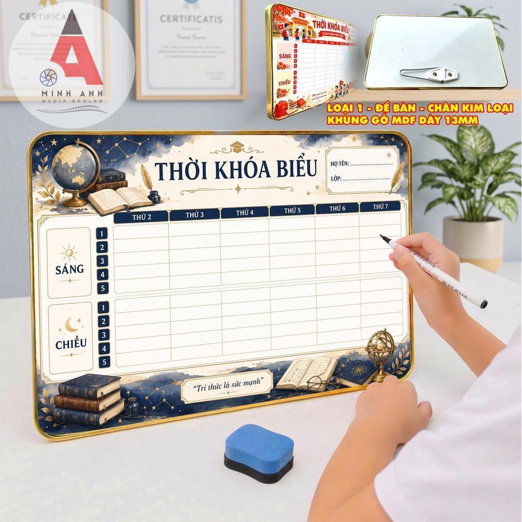 Khung gỗ thời khóa biểu vĩnh cửu l MINH ANH MEDIA - Tặng bút xóa được - Bo viền vàng cao cấp - chân để bàn kim loại