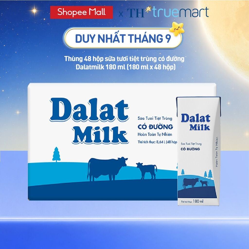 Thùng 48 hộp sữa tươi tiệt trùng  Dalatmilk có đường 180 ml (180 ml x 48)